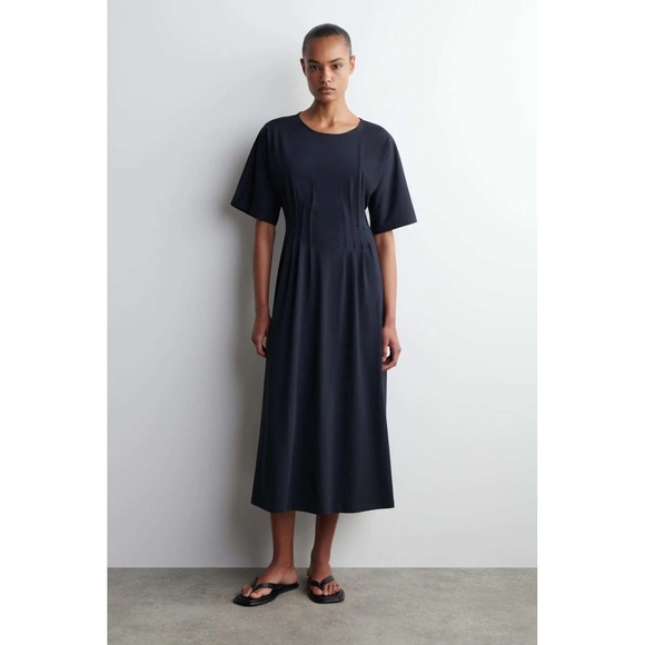 COS Dresses & Skirts - COS Black Pleated Waist Cotton Jersey Midi T-Shirt Dress Size L Short Sleeve